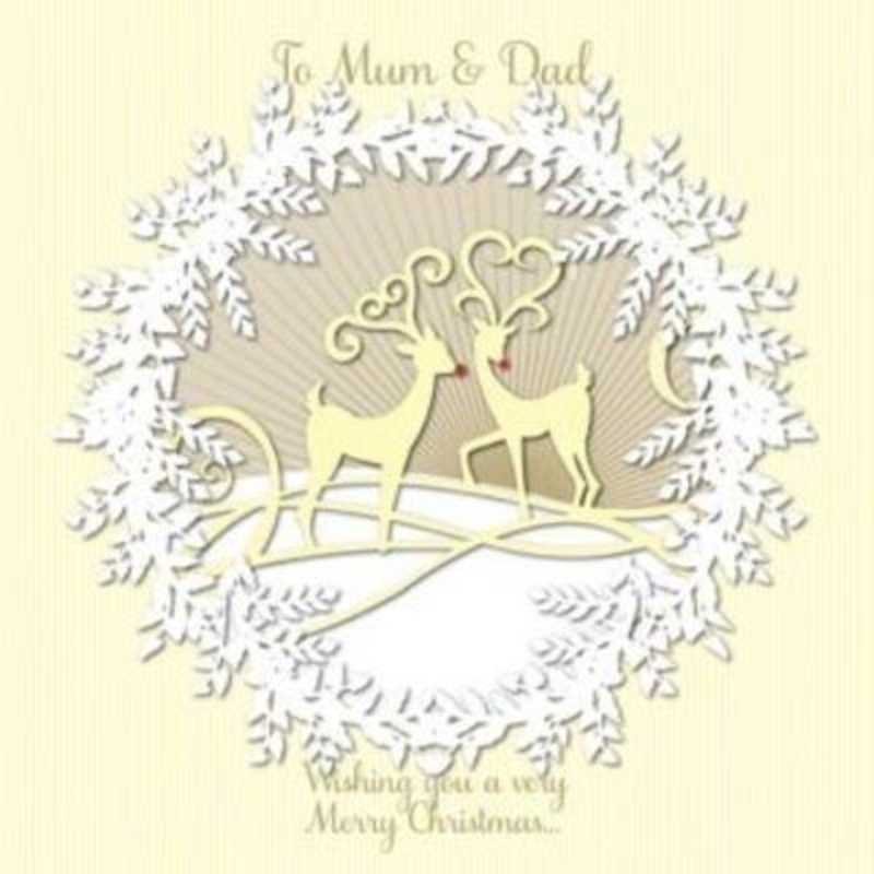 Mum and Dad Christmas Card - Reindeer Wreath by Paper Rose. Laser cud design of a wreath garland with two reindeers with red noses. Comes with a red envelope. 'To mum and Dad, wishing you a very Merry Christmas'. Blank for your own message on the insi